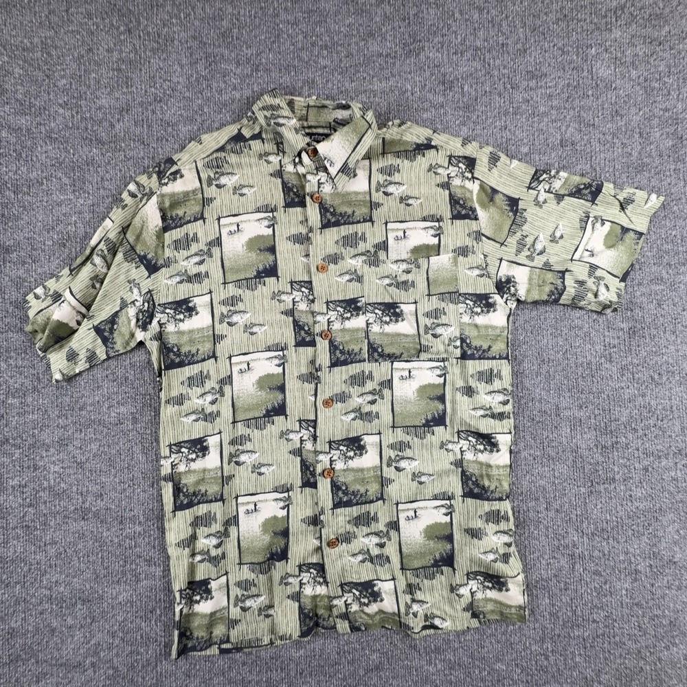 Puritan Shirt Mens Small Green Fishing Graphic Short Sleeve‎ Button Front Casual